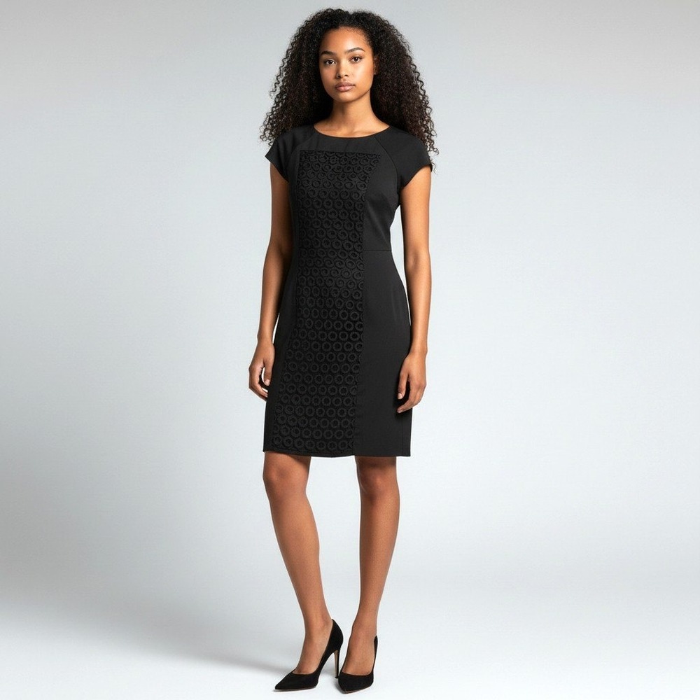 Lafayette 148 NY Black Cap Sleeve Sheath Dress Geometric Cutout Panel Size 6
